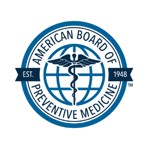 Logo of the American Board of Preventive Medicine featuring a caduceus and a globe.