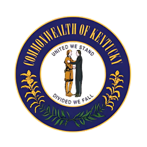 Seal of the Commonwealth of Kentucky featuring two figures, one in a pioneer dress and the other in black attire, with the text "Commonwealth of Kentucky" around the outer circle.