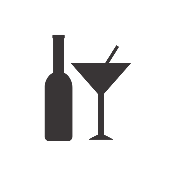 Silhouette of a wine bottle and a cocktail glass with a straw.