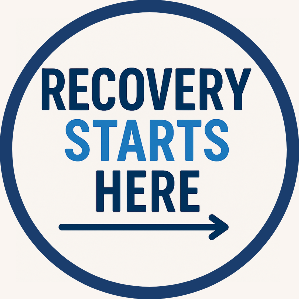 Circular sign with the text "Recovery Starts Here" and an arrow pointing right.
