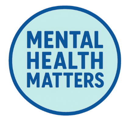 Circular badge with blue text on a light blue background that reads "Mental Health Matters."