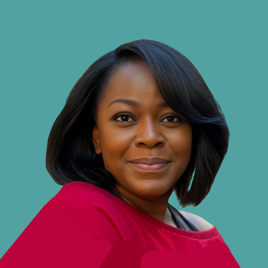 Illustration of a woman with dark skin and her hair in a bun, wearing a white shirt, with a teal background.