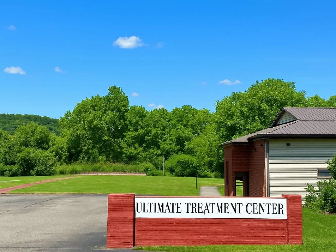 Sign reading 'ULTIMATE TREATMENT CENTER' in front of a building with a brick and wood exterior, surrounded by green trees and a blue sky with some clouds.