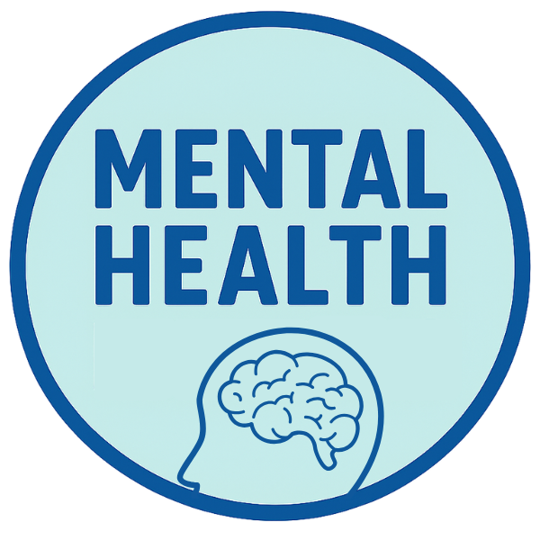 Blue circular badge with the words 'Mental Health' and an illustration of a human head with a brain inside.