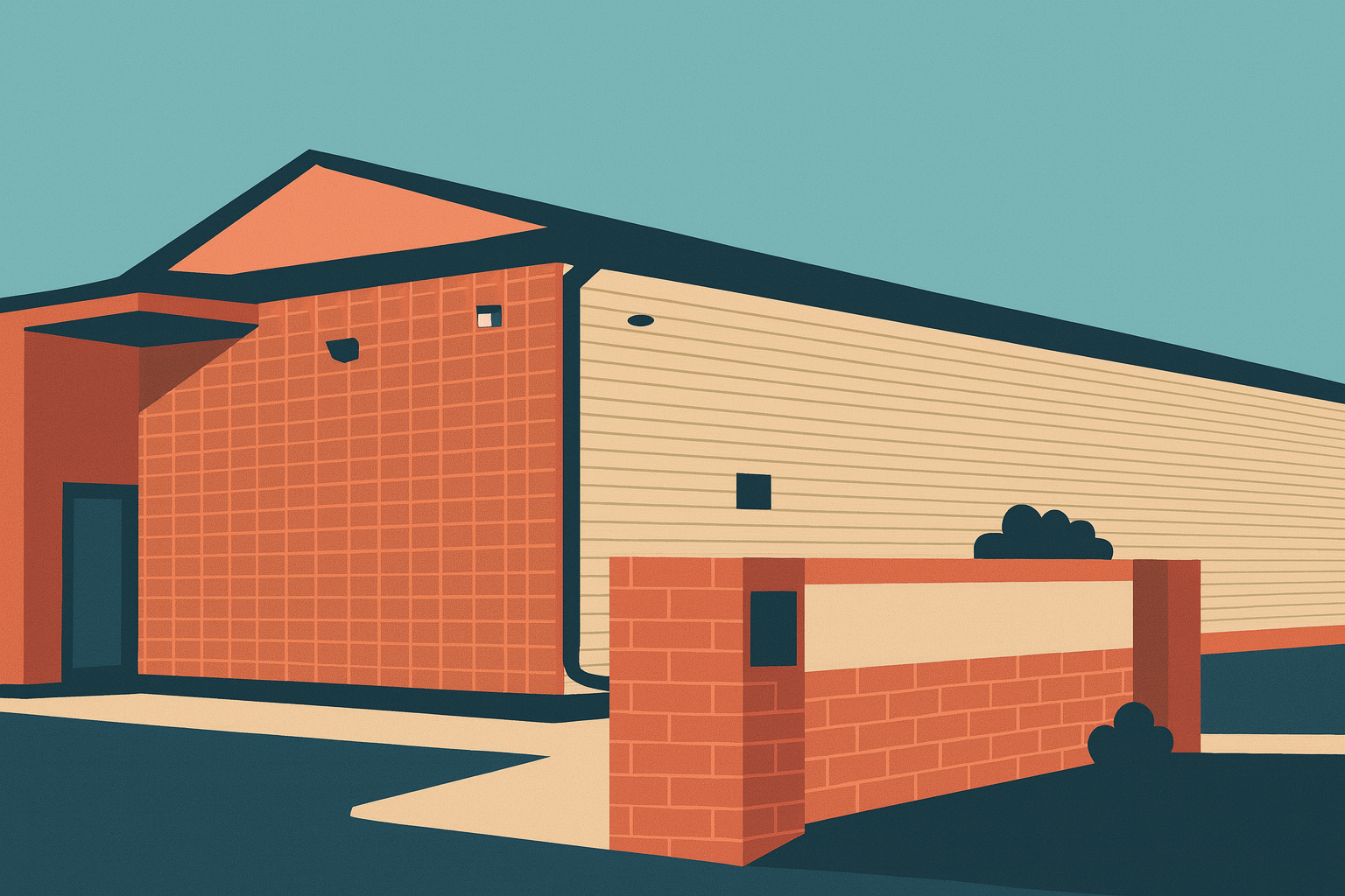 Digital illustration of a modern house with brick and beige siding, flat roof, and a brick wall in the front yard. Clear blue sky in the background.
