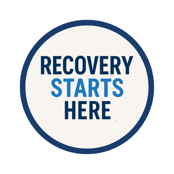 Sign with the words 'Recovery starts here' and an arrow pointing to the right.