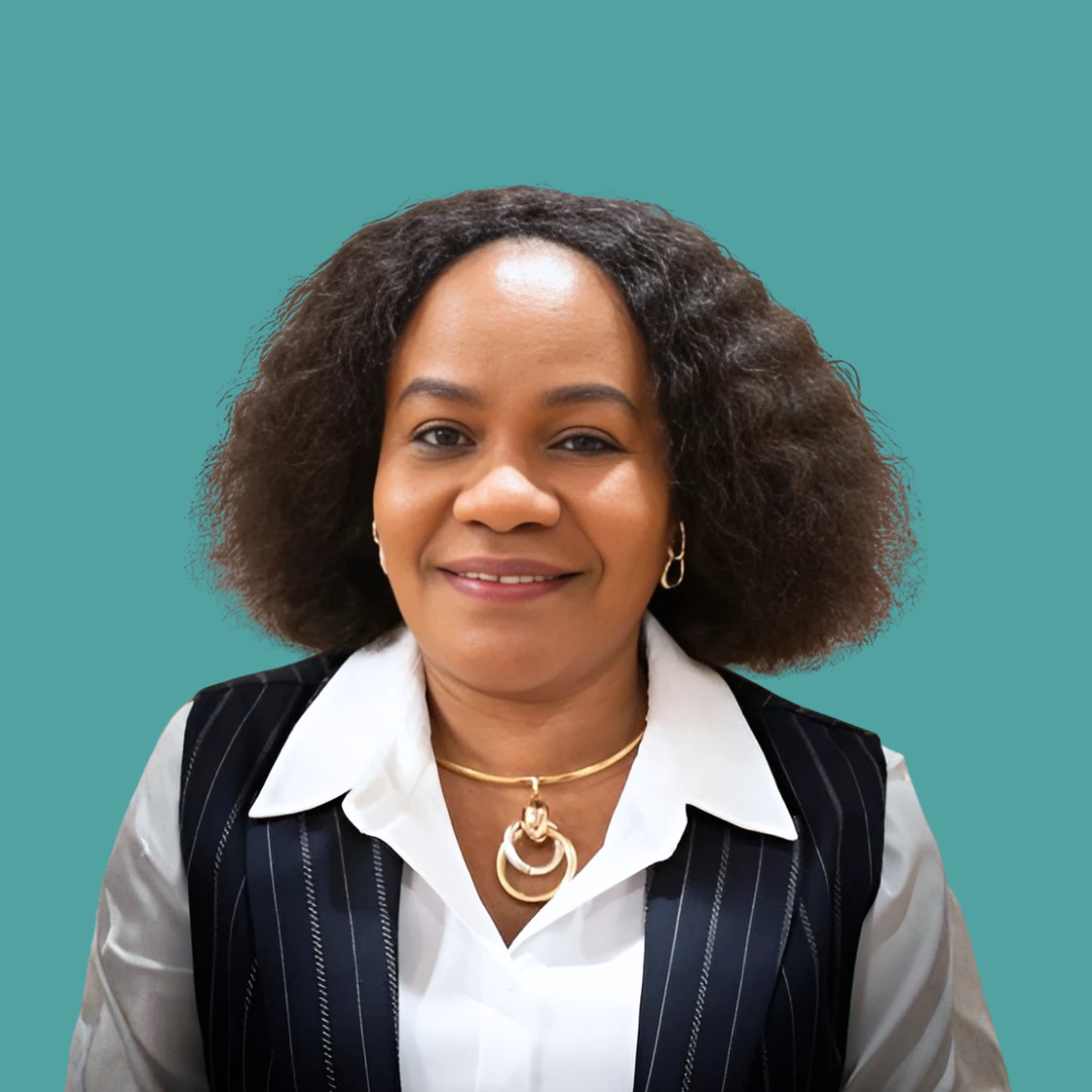 Icon of a person with short blue hair wearing a white shirt, depicted in a minimalist style against a circular reddish-brown background.