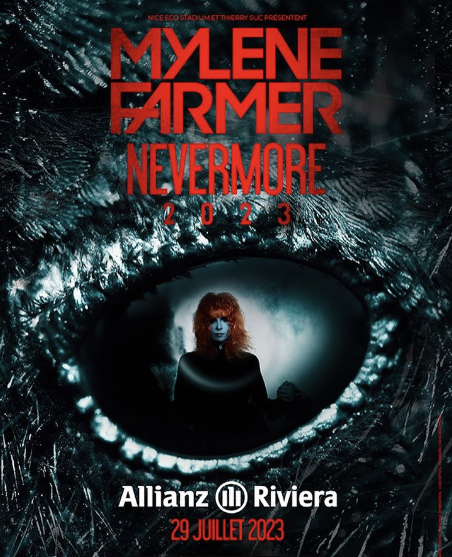 Affiche promotionnelle pour un spectacle ou concert de Mylène Farmer à l'Allianz Riviera le 29 juillet 2023, avec une image centrale d'une femme aux cheveux roux, habillée en noir, dans un décor mystérieux et sombre.