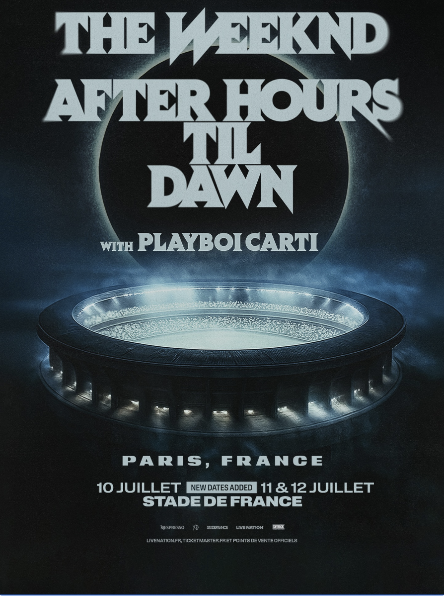 Affiche de concert pour un groupe ou un événement musical intitulé "The Weekend After Hours 'Til Dawn" avec Playboi Carti, se déroulant à Paris, Stade de France, les 10, 11 et 12 juillet.