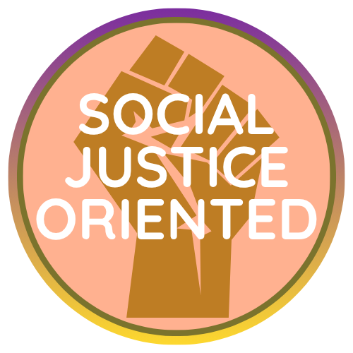 A graphic of a raised fist holding a book, with the text 'Social Justice Oriented' written over it, representing activism and social justice themes.