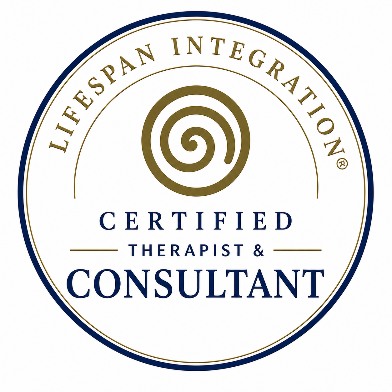 Circular badge with gold and navy accents. Text reads 'Life Span Integration Certified Therapist & Consultant' with a gold spiral symbol at the center.