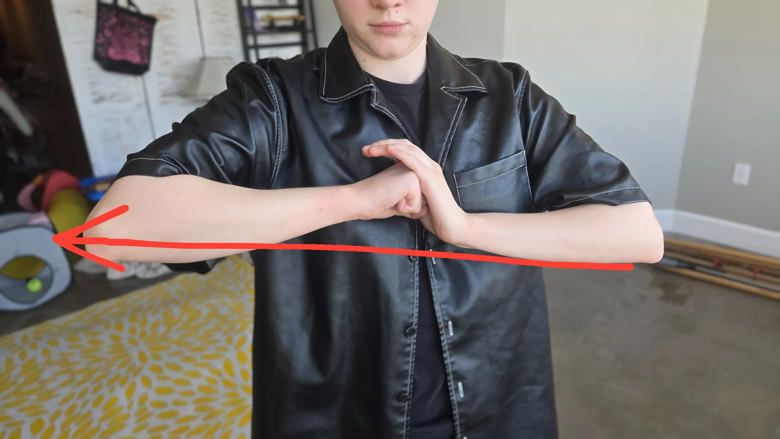 A side view of the ending position for the technique. A red arrow follow my elbows, showing that they are making a straight line angled slightly upward so that it points towards the attacker's chest.