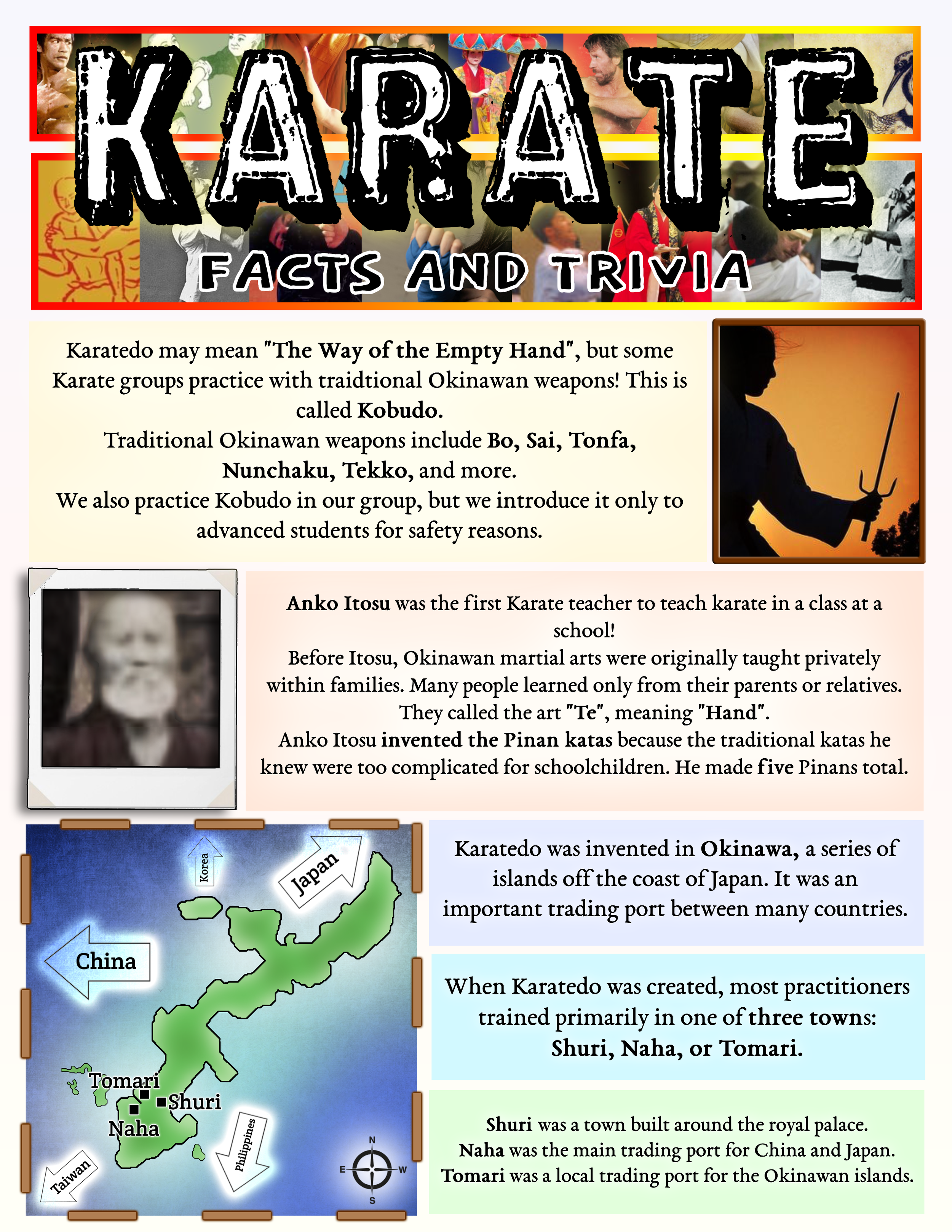 Information Sheet about Okinawan Karate. First panel: Karatedo may mean "The Way of the Empty Hand", but some Karate groups practice with traditional Okinawan weapons! This is called Kobudo. Tradtitional Okinawan weapons include Bo, Sai, Tonfa,