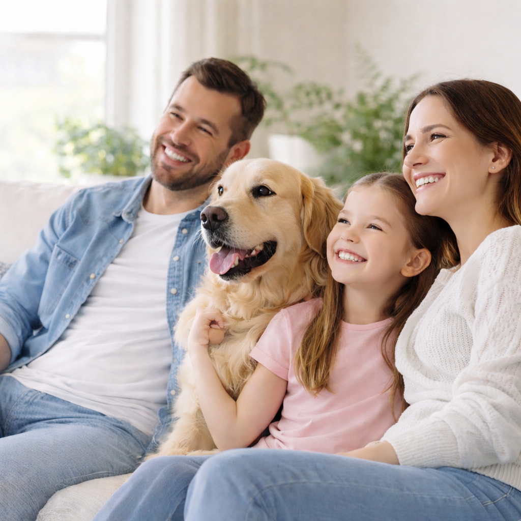Une famille souriante avec un chien Golden Retriever assis sur un canapé dans un salon lumineux.