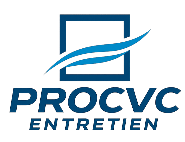 Logo d'une entreprise d'entretien avec un carré bleu, trois lignes stylisées en bleu et texte en bleu "PROCVC ENTRETIEN".