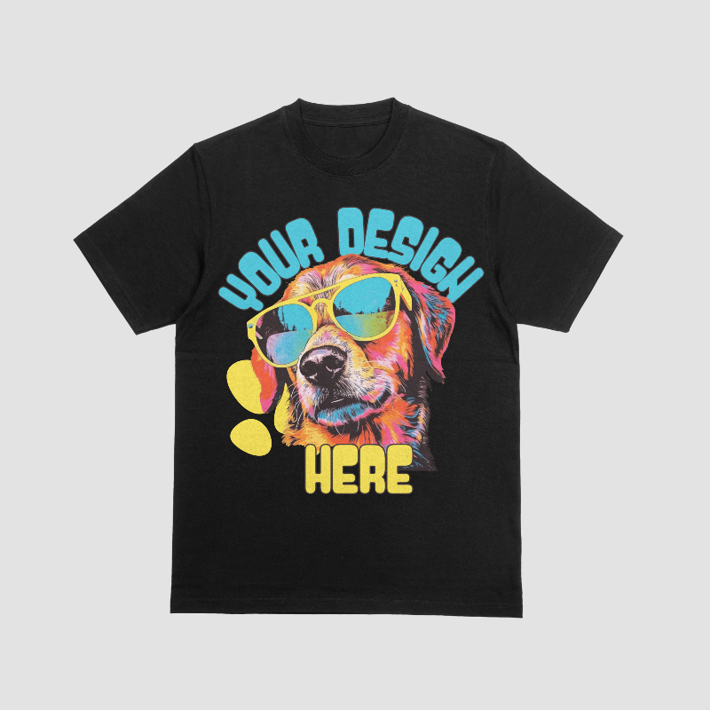 Black t-shirt with a colorful graphic of a dog wearing sunglasses and the text 'Your Design Here' in blue and yellow.