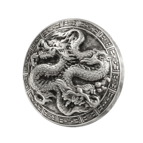 A silver coin featuring a detailed dragon design in the center and decorative border patterns.