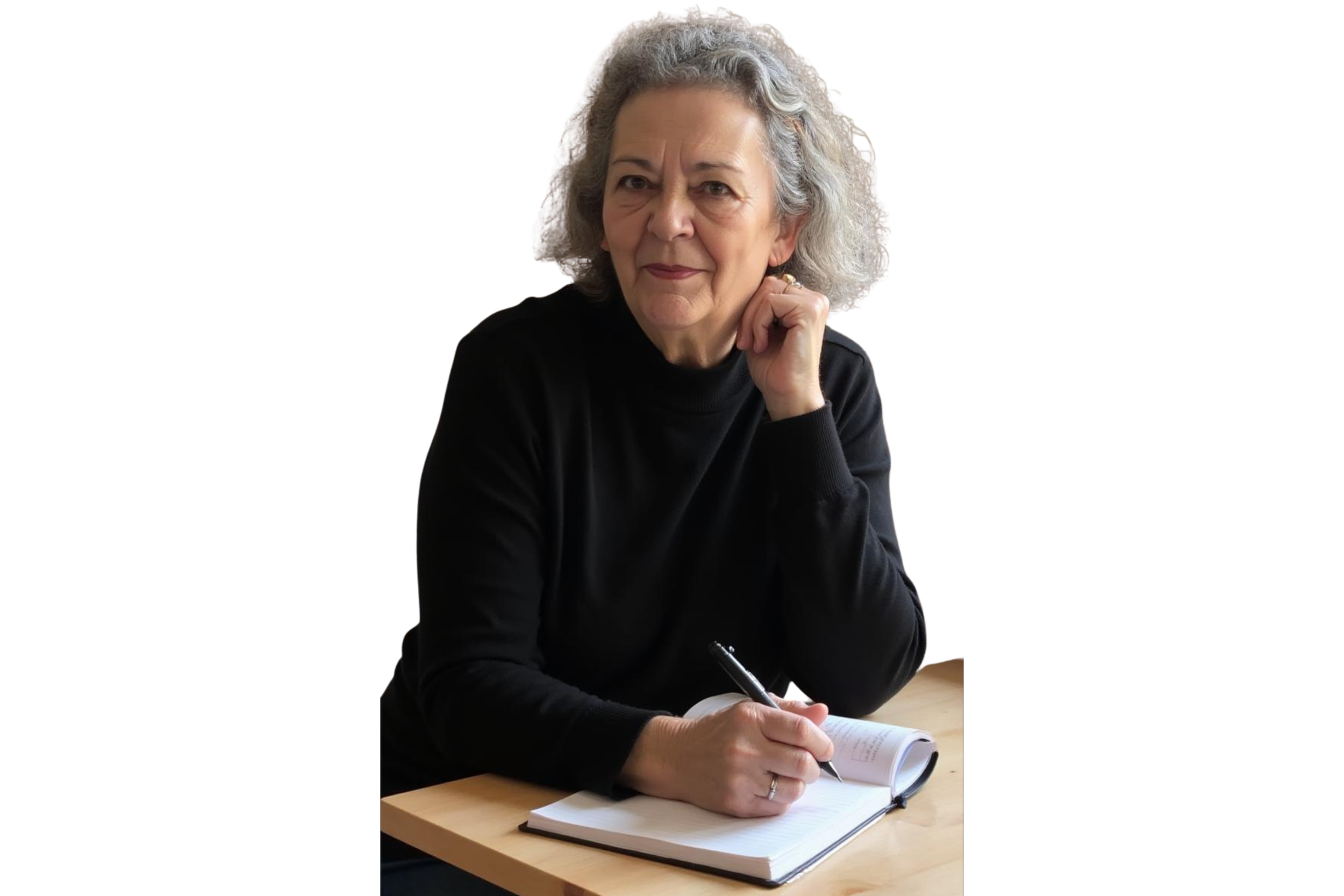 An older woman with curly gray hair, wearing a black turtleneck, sitting at a wooden table, holding a pen over an open notebook.