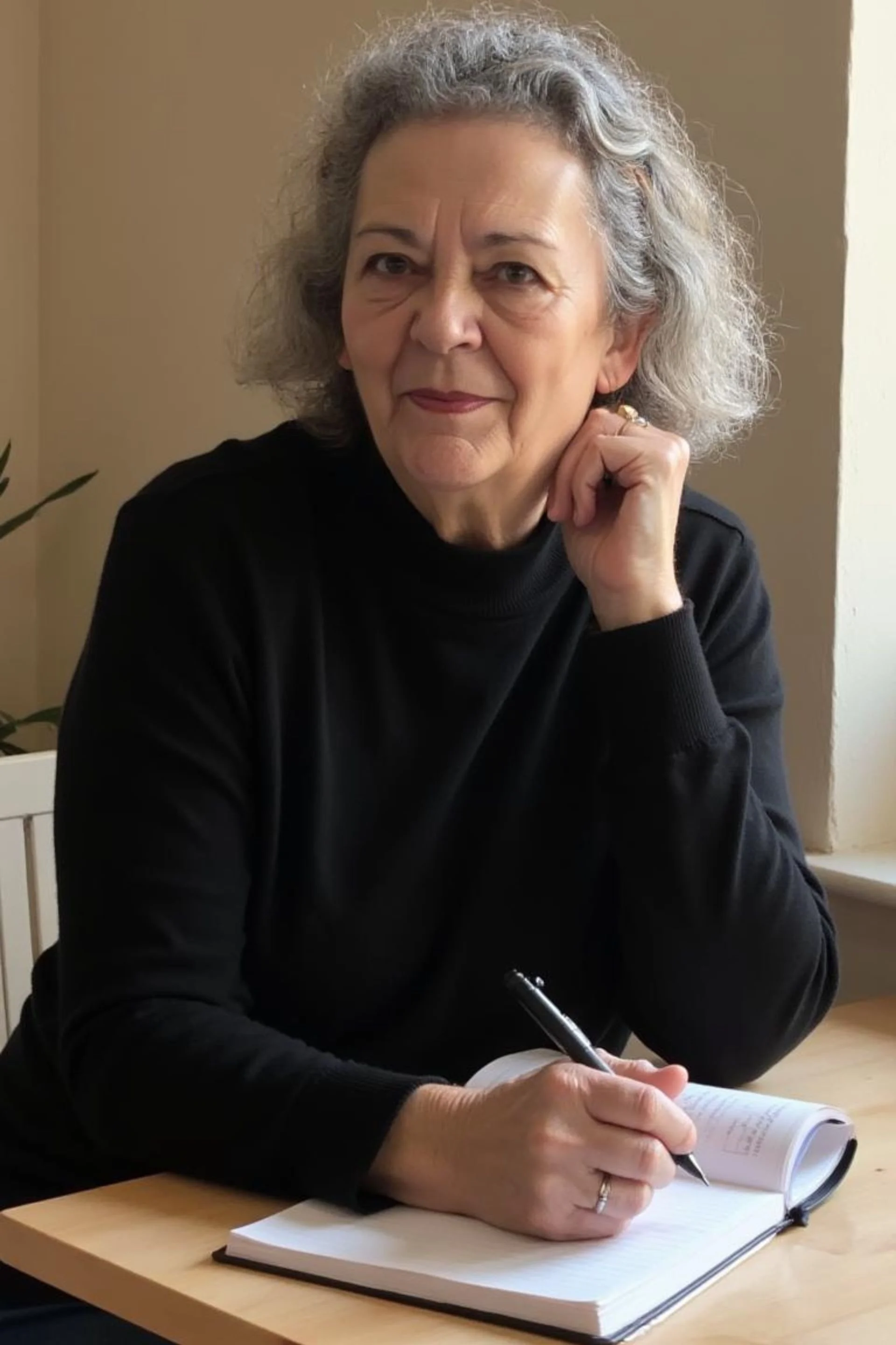 An older woman with gray, curly hair, wearing a black long-sleeve shirt, sitting at a wooden table with a notebook and pen, resting her chin on her hand, looking at the camera with a subtle smile.