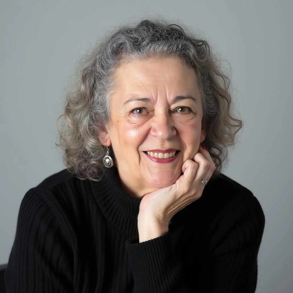A portrait of an older woman with gray curly hair, wearing a black top and earrings, smiling with her hand resting on her chin.