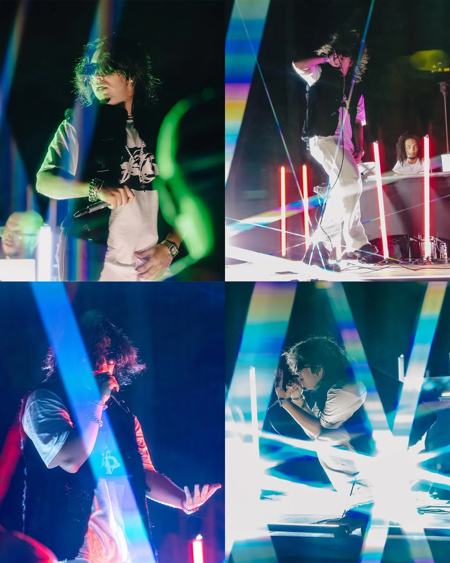 A DJ performing on a stage with colorful lights on the left, and a singer holding a microphone on the right.