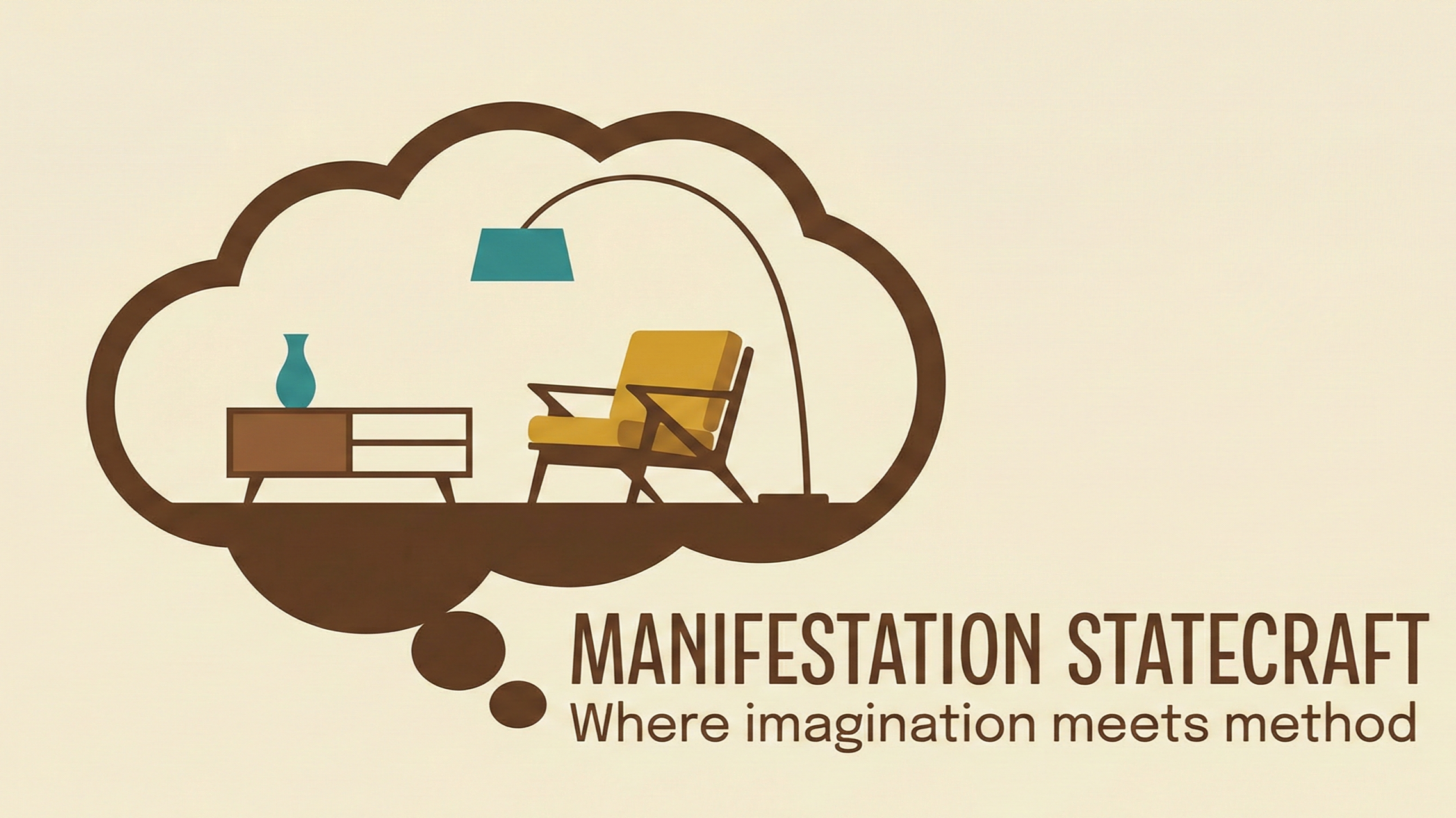 Logo for Manifestation Statecraft featuring a stylized brown cloud with a chair, a side table with a vase, and a hanging lamp inside it, with the text "MANIFESTATION STATECRAFT" and the tagline "Where imagination meets method".