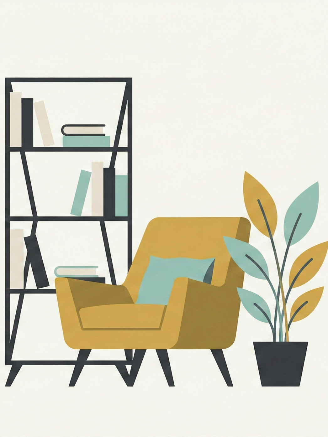 A minimalist illustration of a yellow armchair with a light blue pillow, a black metal bookshelf with assorted books, and a potted plant with large yellow and green leaves on a white background.