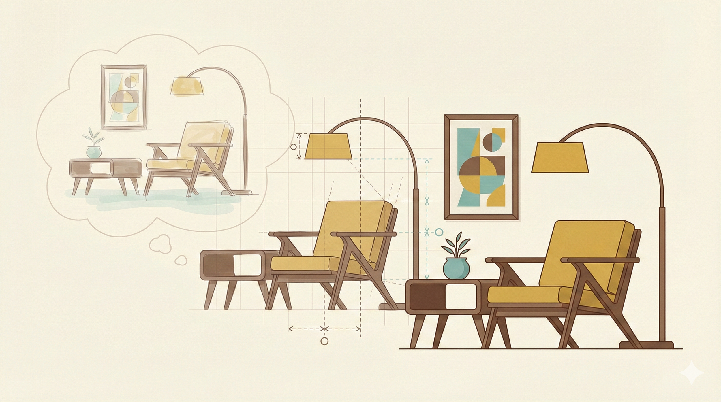 An illustration of a modern living room setup with a yellow armchair, a small side table with a potted plant, and an arched floor lamp. The image includes technical sketches and measurements for designing the furniture and lighting. There is also a framed abstract art piece on the wall.