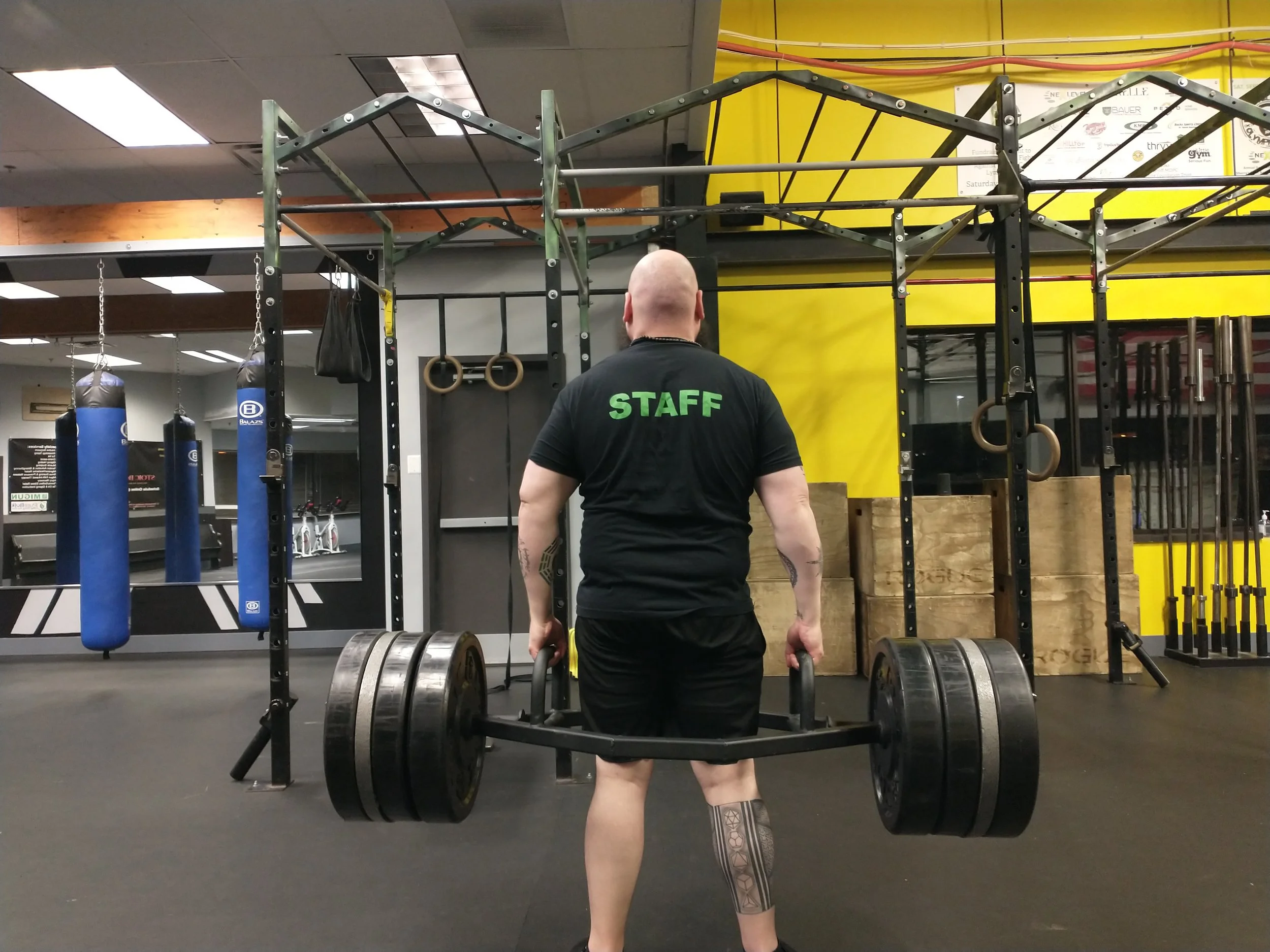 A muscular man with a tattooed leg lifting a barbell with heavy weights in a gym, wearing a black shirt with green 'STAFF' lettering, and standing in front of fitness equipment including gymnastic rings, punching bags, wooden plyometric boxes, and gymnastic rings.