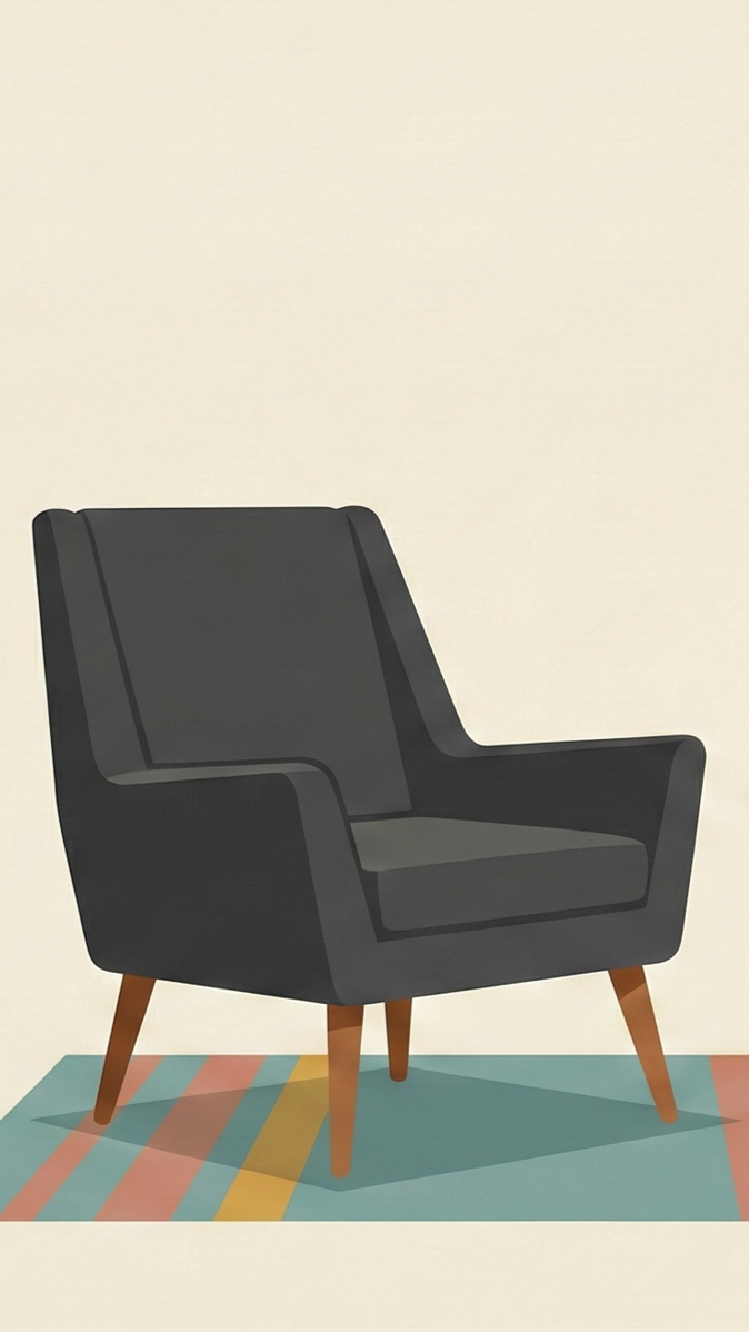 An illustration of a black armchair with wooden legs, placed on a multicolored striped rug against a plain cream wall.
