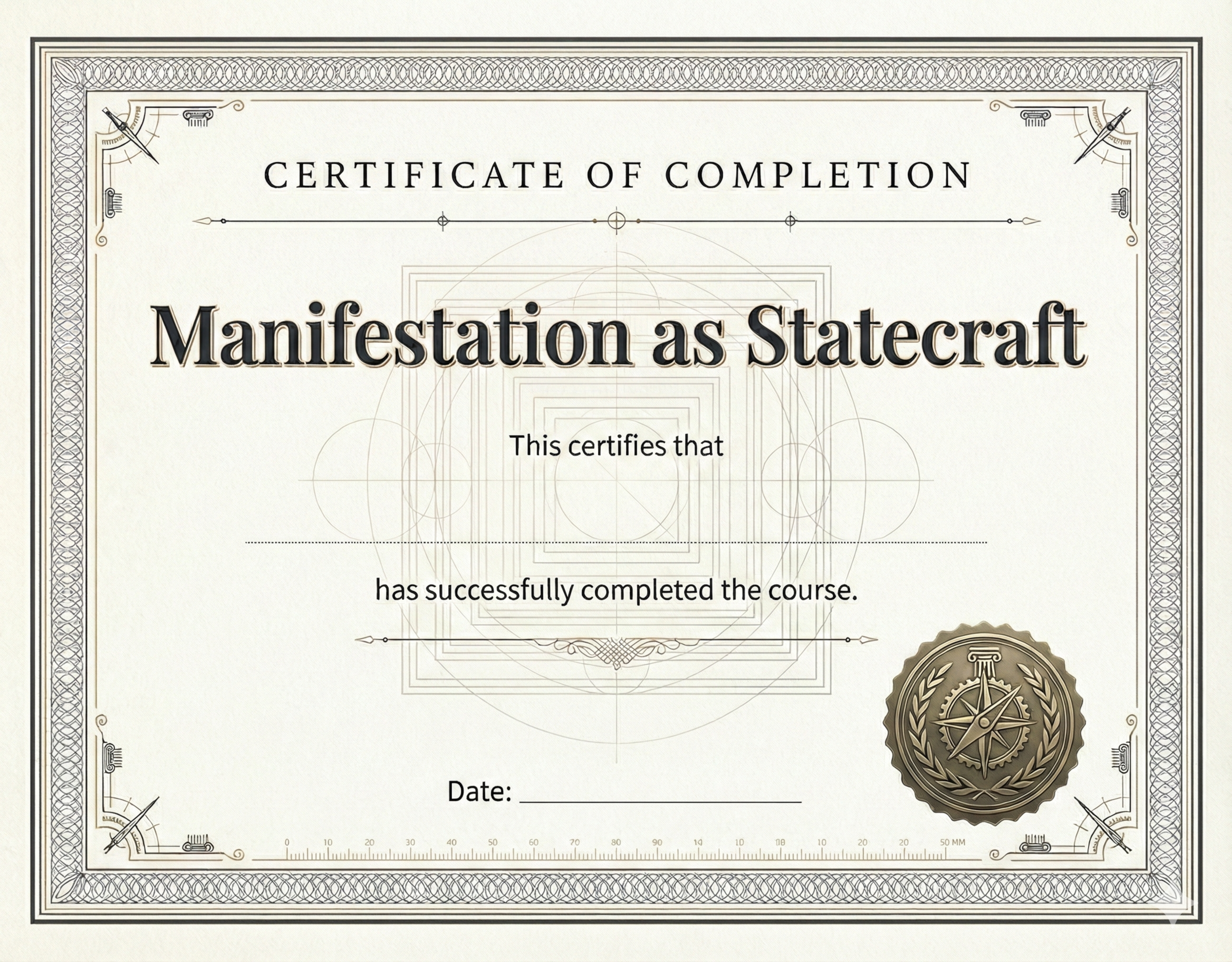 Certificate of completion titled 'Manifestation as Statecraft' with a decorative border, a gold seal at the bottom right, and spaces for the recipient's name, course completed, and date.