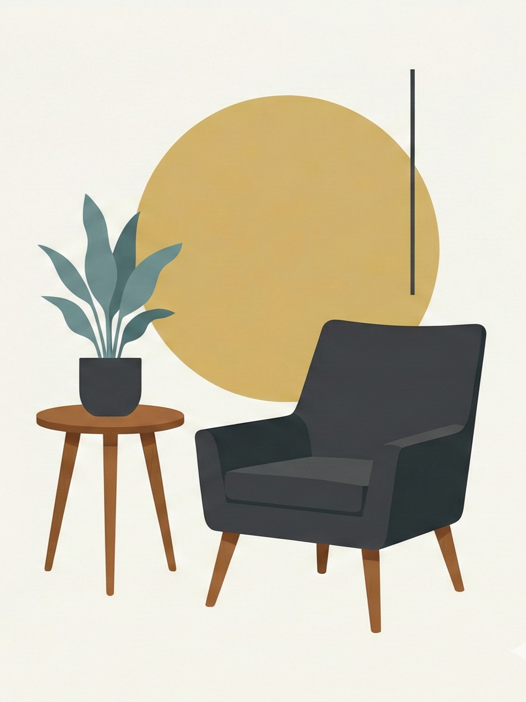 Illustration of a living room corner with a black armchair, a small wooden side table with a potted plant, a large beige circle and a black vertical line on a white background.