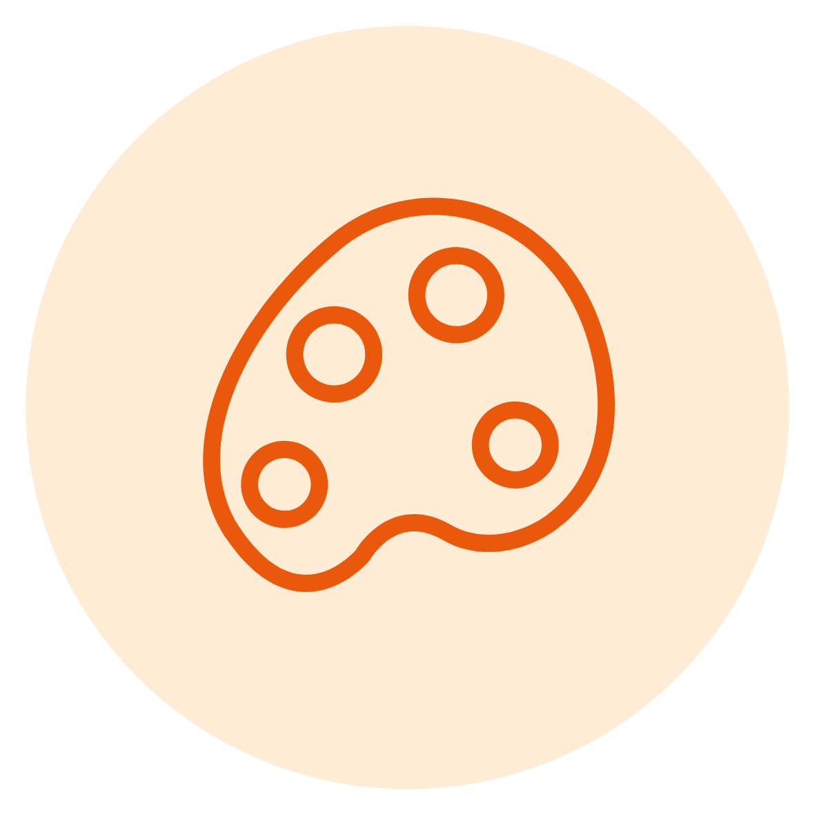 Simple line drawing of a painter's palette with five circles representing paint dabs, outlined in orange on a beige circular background.