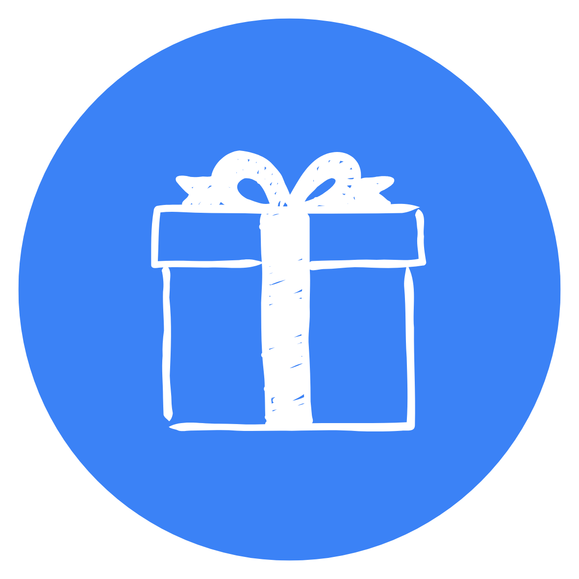 Simple white line drawing of a gift box with a ribbon and bow, on a blue circular background.