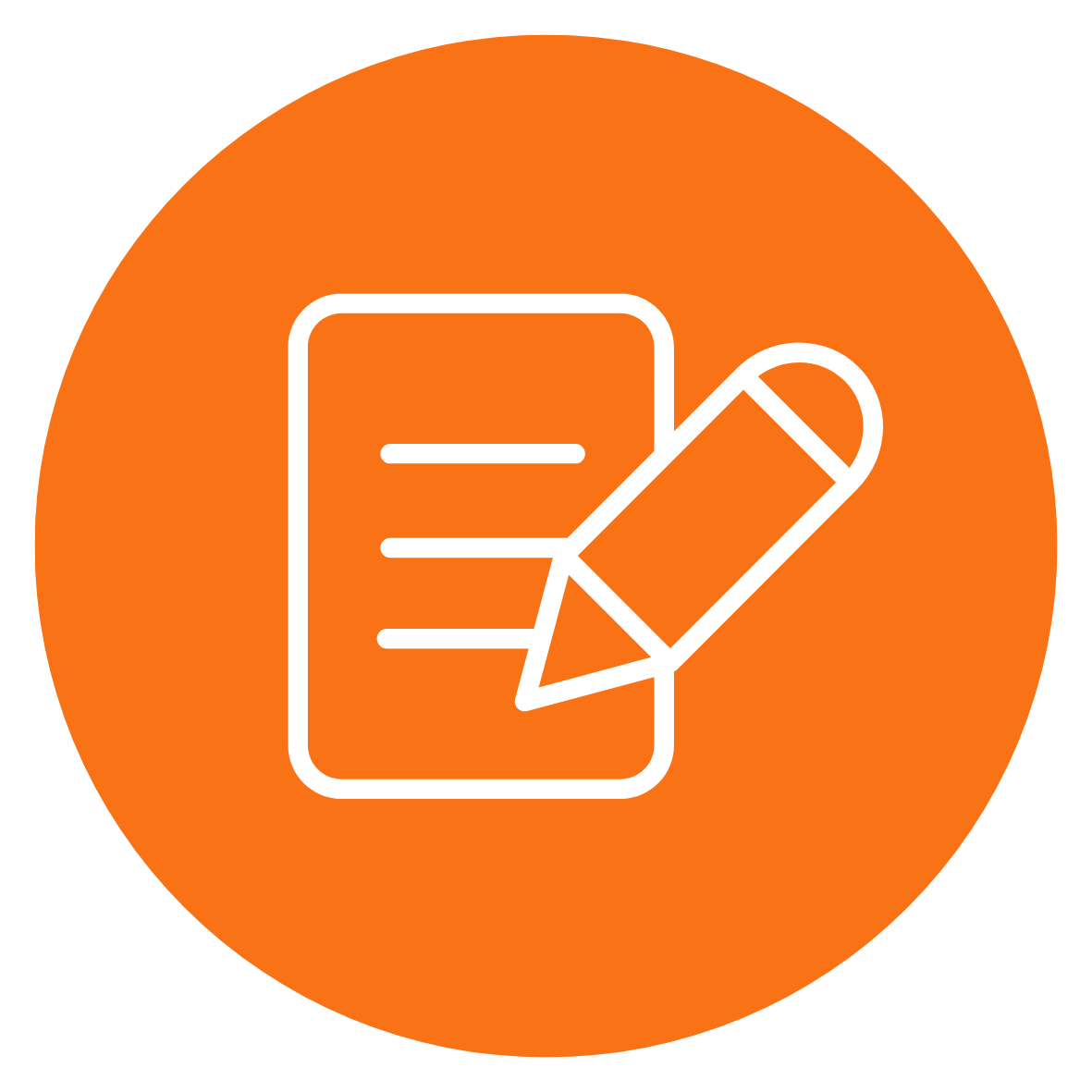 Icon of a smartphone with a pencil, indicating editing or writing, on an orange circular background.