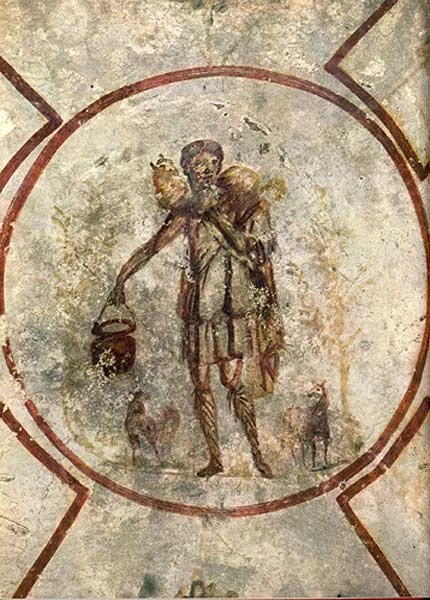 An early Christian fresco portrays Jesus as the Good Shepherd carrying a sheep.