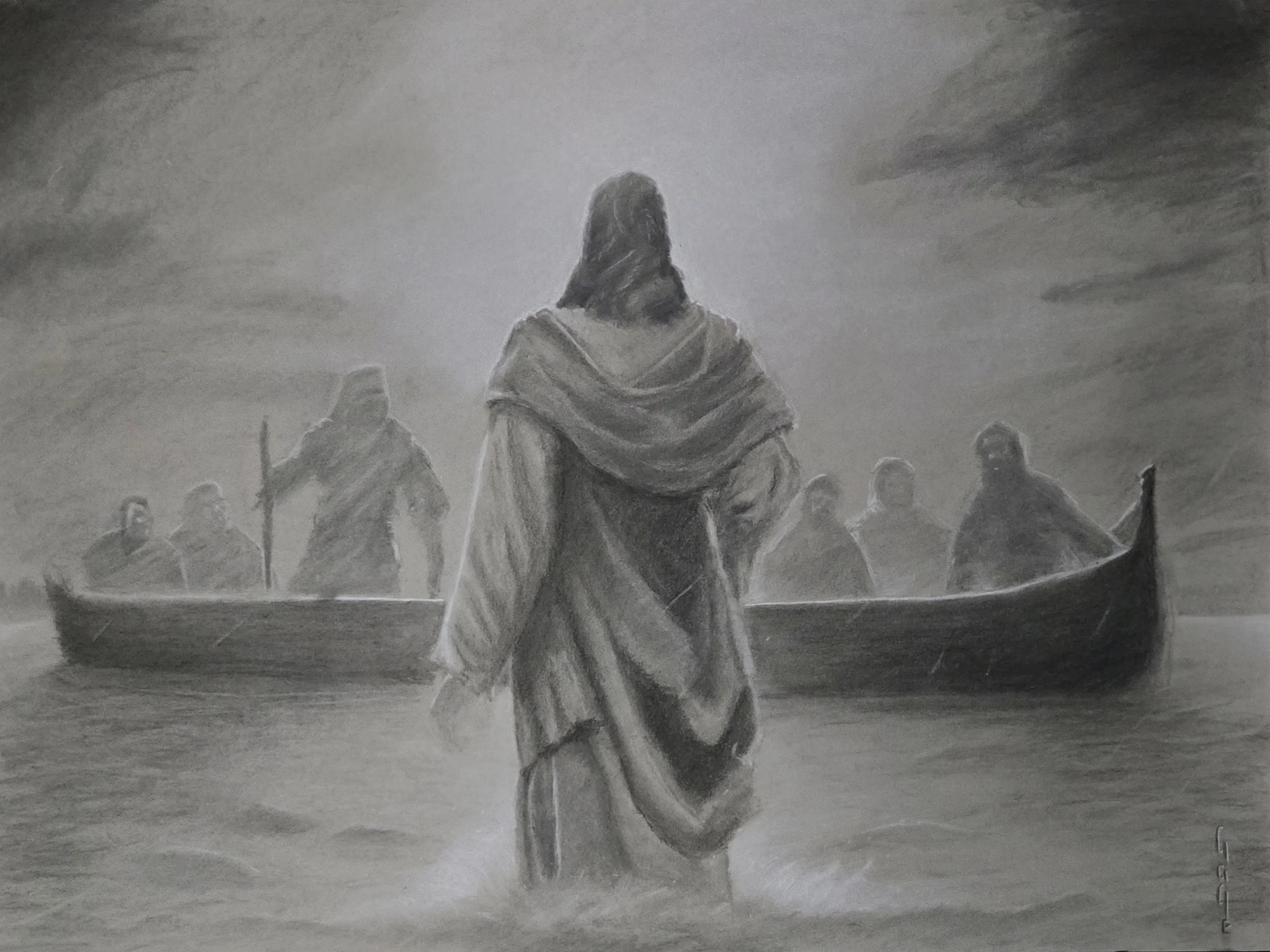 Mattew 14 28 Jesus walks on water charcoal drawing by Gage Kinney