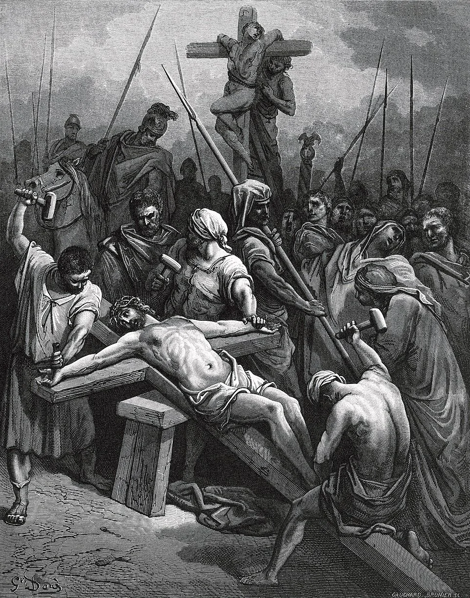 Gustave Doré illustration of Jesus Christ crucified beneath a darkened sky.