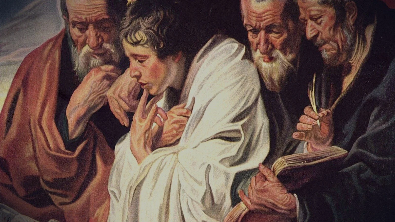 Four men gathered around an open manuscript in Jacob Jordaens's painting The Four Evangelists