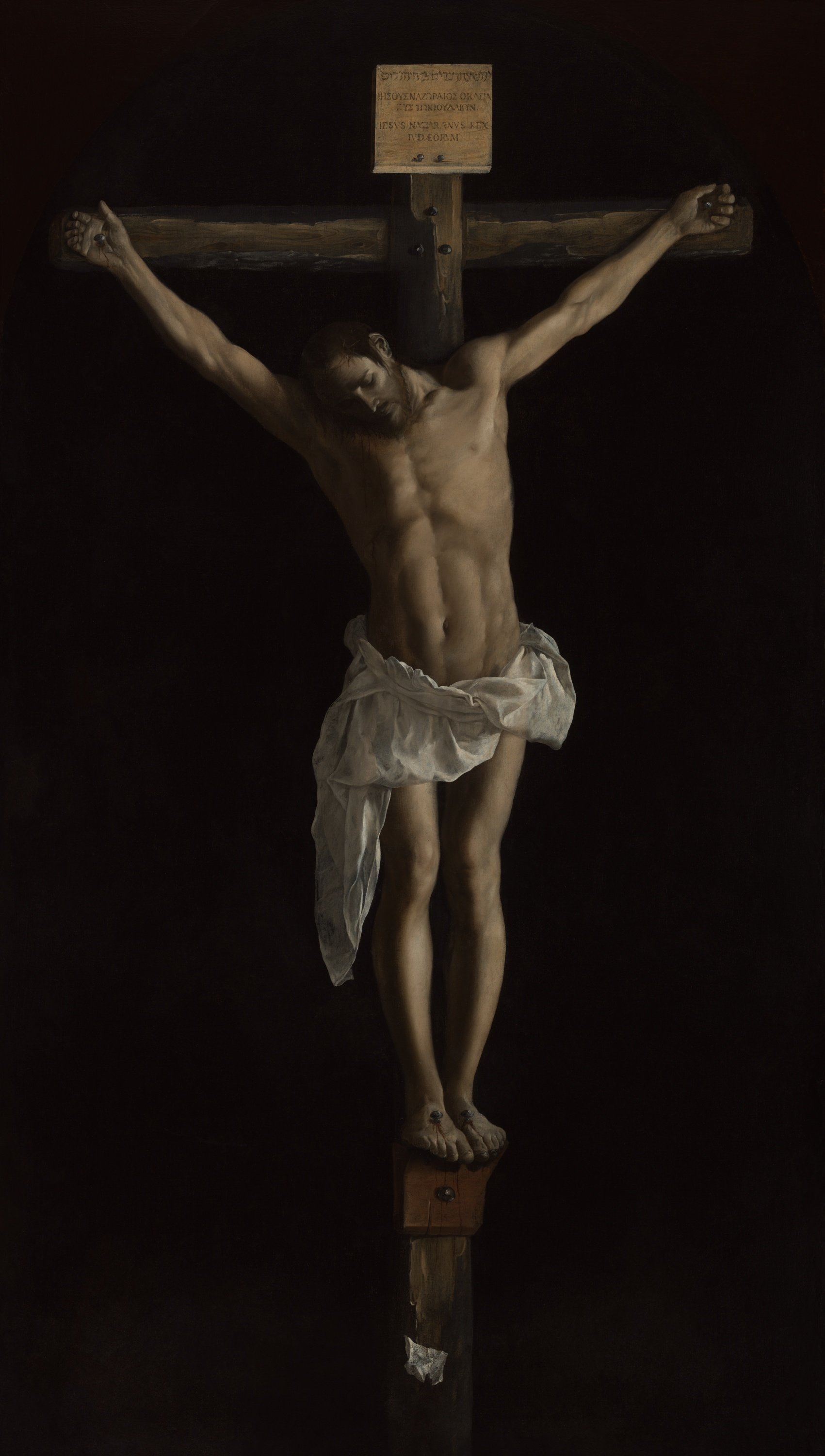 Jesus Christ crucified against a dark background in Francisco de Zurbarán’s painting