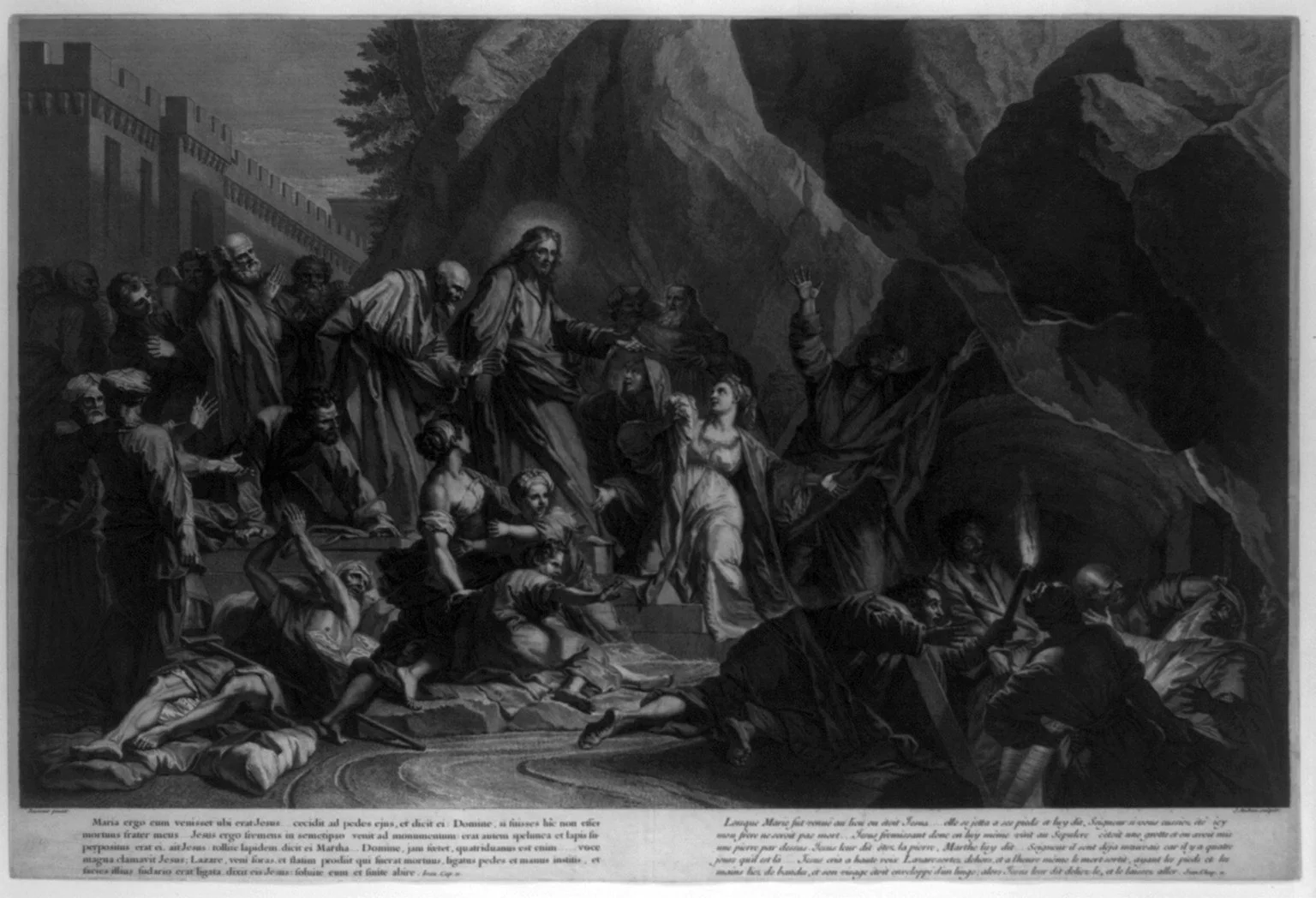 Classical painting of Jesus raising Lazarus from the tomb as witnesses gather around Him.