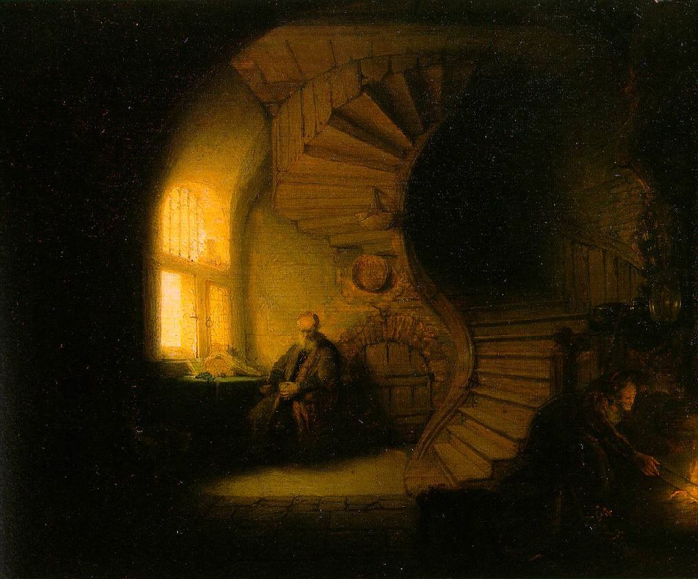 A philosopher seated in a shadowed room as warm light enters through a nearby window.