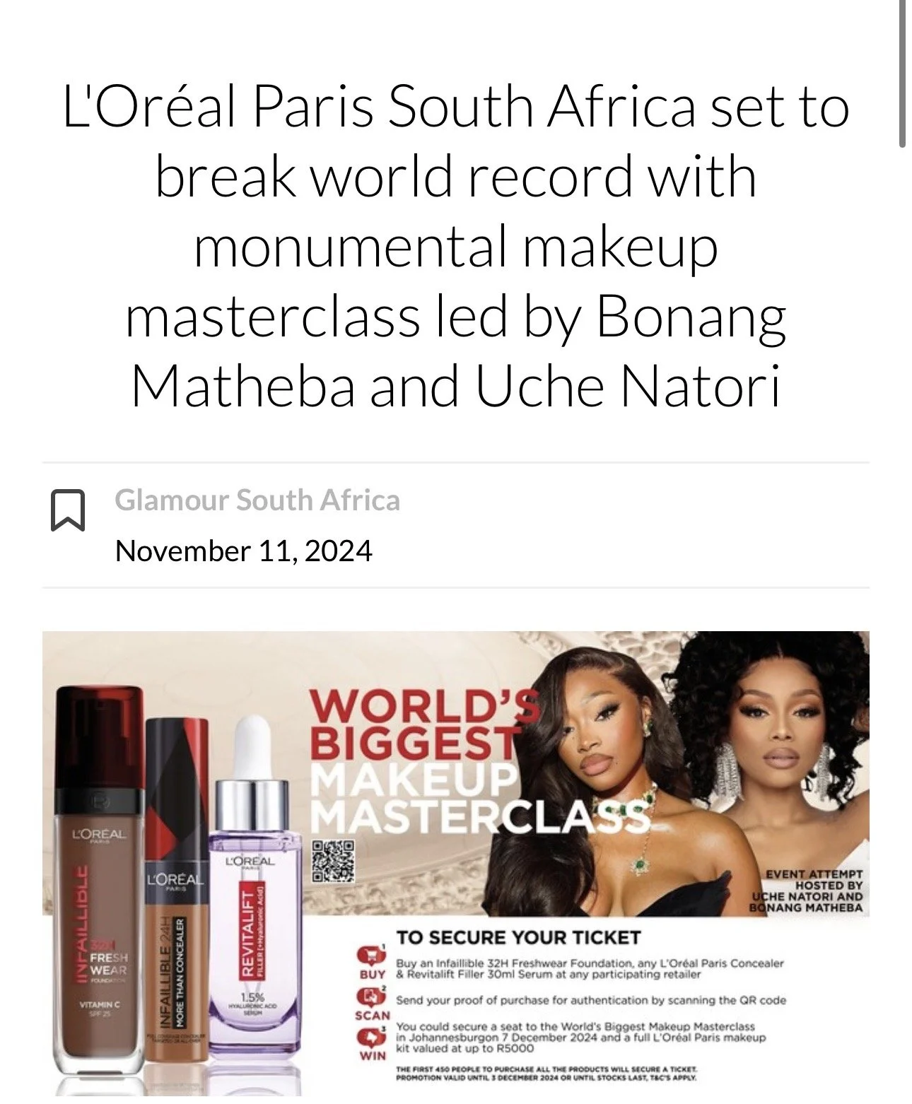  11/11/2024  - Uche on Glamour SA

L'Oréal Paris South Africa set to break world record with monumental makeup masterclass led by Bonang Matheba and Uche Natori