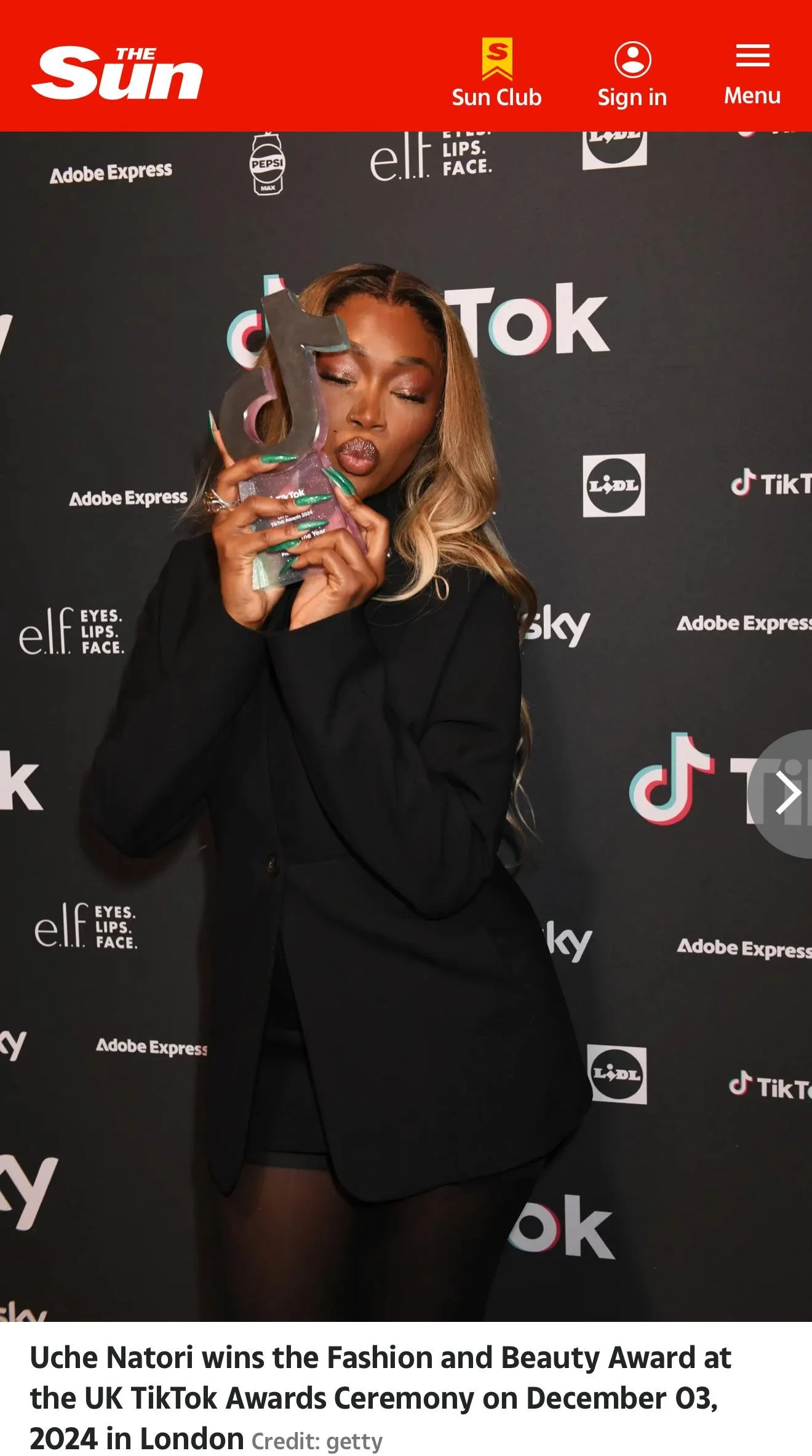  04/12/2024  - Uche Natori wins the Fashion and Beauty Award at the UK TikTok Awards Ceremony
