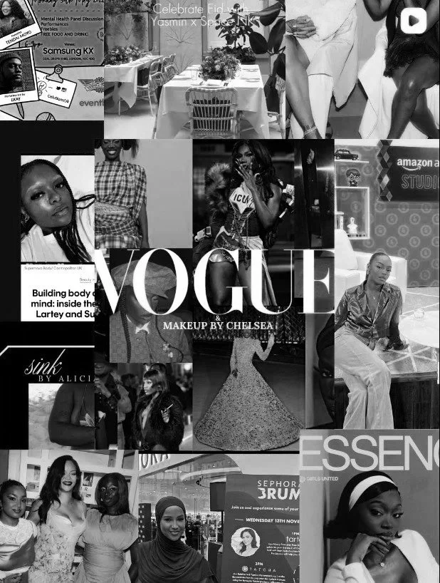 A collage of black and white photos featuring celebrities, fashion models, and event scenes with the central focus on a Vogue magazine cover image with makeup artist Chelsea. The images include candid and posed shots at fashion and makeup events, promotional posters, and group photos of attendees.
