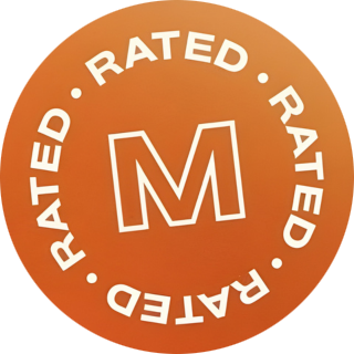 Orange circular badge with the letter 'M' in the center, surrounded by the words 'RATED' repeated four times. This is our brand Logo.