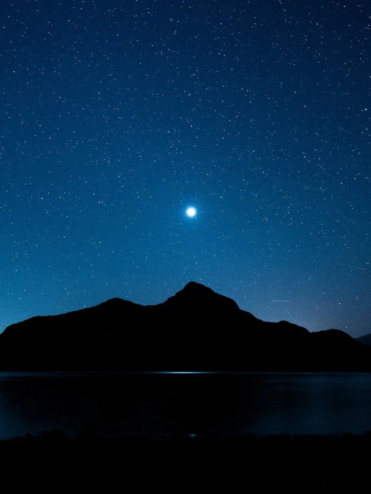 Night sky filled with numerous stars above a dark silhouette of a mountain range reflecting on a calm body of water.