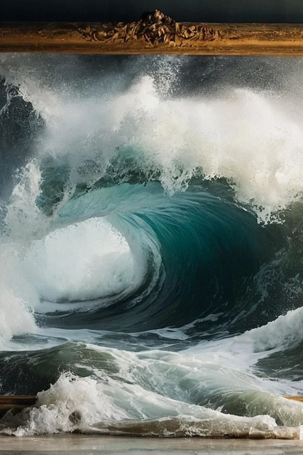 Painting of a huge ocean wave crashing against rocks on a stormy day.