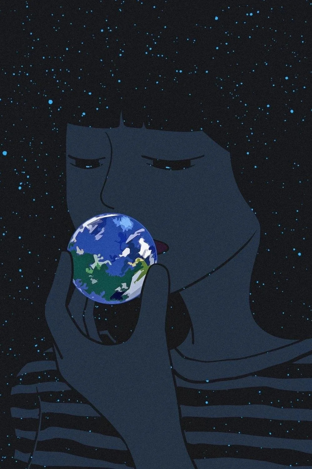 An illustrated woman with dark, starry hair holding a small Earth against her face, with a peaceful and contemplative expression.