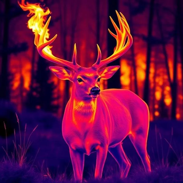 A digitally manipulated image of a stag with flaming antlers, standing in a dark forest with glowing orange and purple hues.